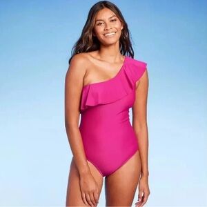 Kona Sol Pink One-Shoulder Ruffle One Piece